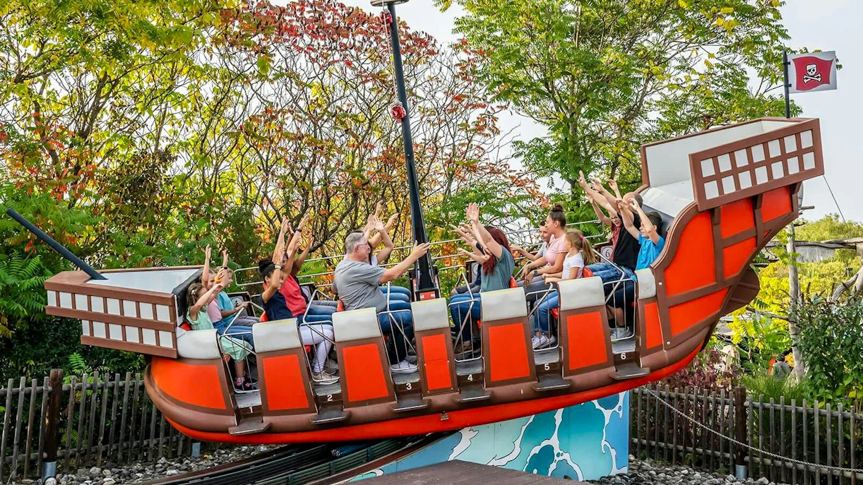 Visitors enjoying pirate ship ride at Pirate Land, Legoland Billund.
