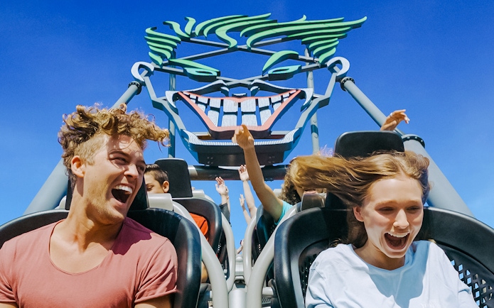 Riders enjoying DC Rivals HyperCoaster at Warner Bros Movie World, Gold Coast.
