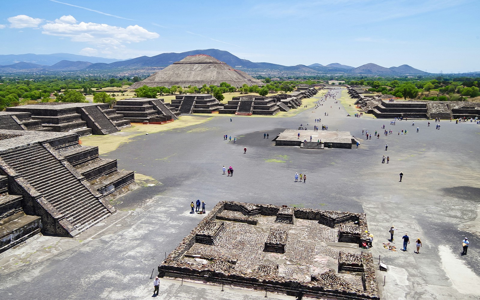 Aerial view of Avenue of the Dead with ancient pyramids in Teotihuacan, Mexico.