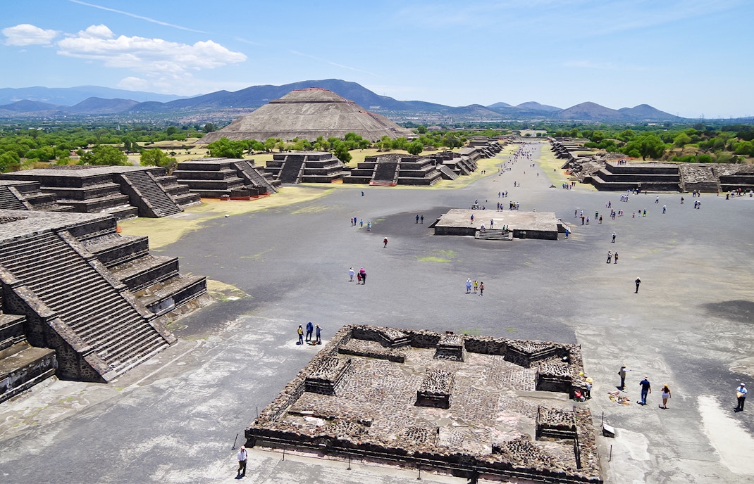 Avenue of the Dead with Pyramid of the Sun in Teotihuacan, Mexico.