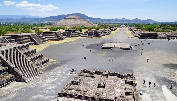 Avenue of the Dead with Pyramid of the Sun in Teotihuacan, Mexico.