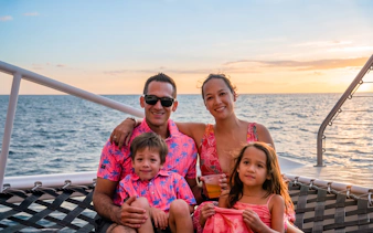 Family enjoying Kaula Kai Sunset Sail on Oahu with ocean view.
