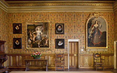 Chenonceau Castle interior with ornate paintings and floral wallpaper.