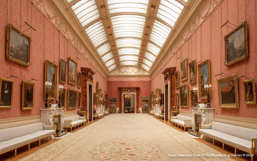 Buckingham Palace Picture Gallery with paintings and ornate decor.