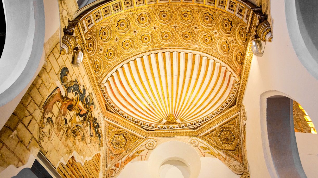 Ornate ceiling detail of Synagogue Santa Maria la Blanca in Toledo, Spain.