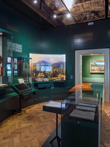 Exhibition room with musical instruments and paintings at Lobkowicz Palace Museum, Prague Castle.