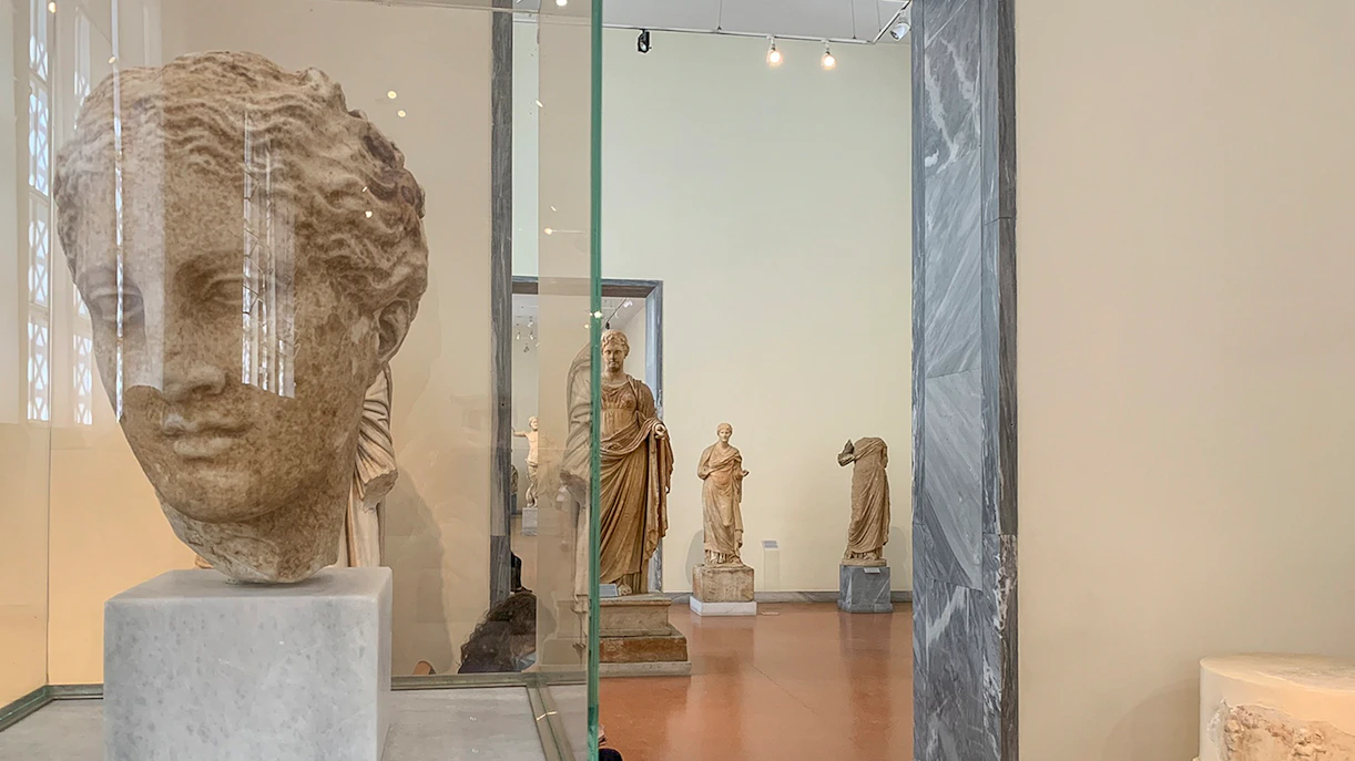 Exhibits of ancient sculptures inside the National Archaeological Museum.