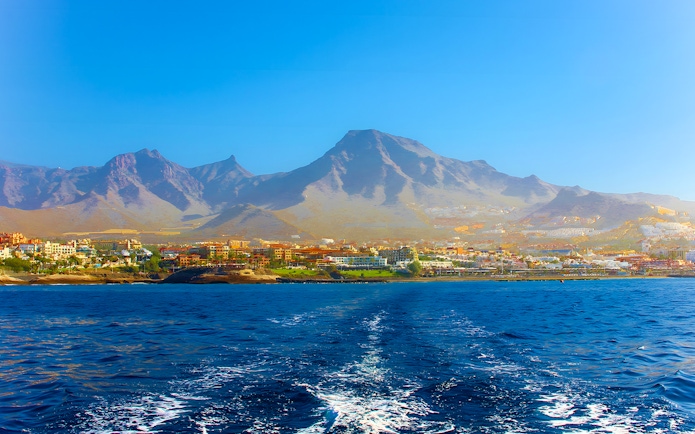 View of Tenerife coastline and mountains from Catamaran Whale & Dolphin Watching Cruise.