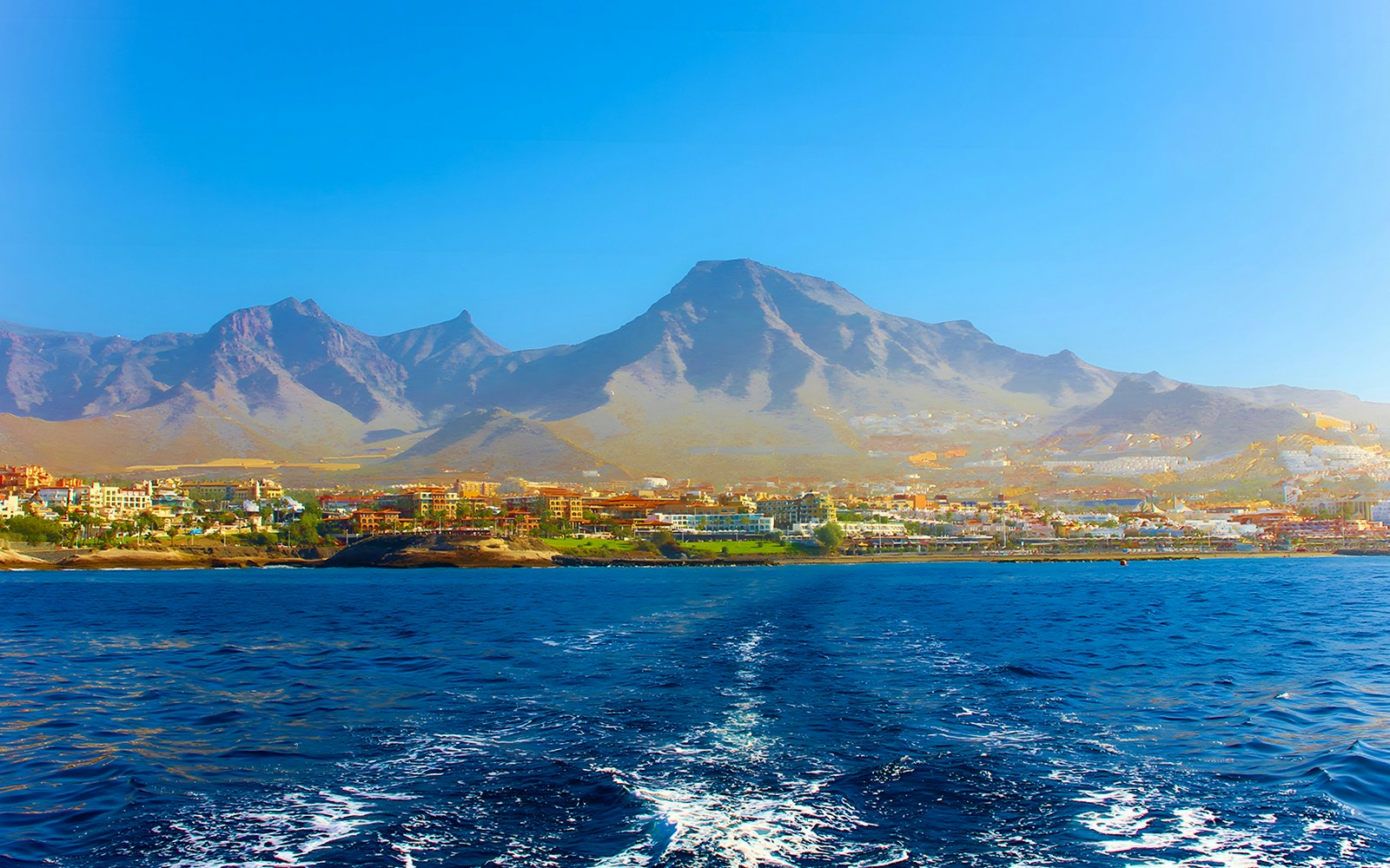 View of Tenerife coastline and mountains from Catamaran Whale & Dolphin Watching Cruise.