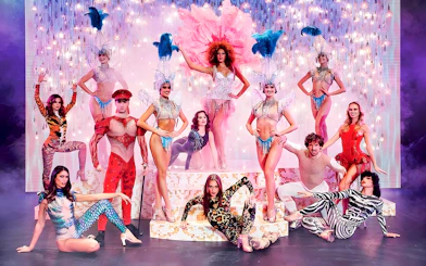 Paradis Latin show performers in vibrant costumes on stage with dinner setting.