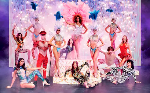 Paradis Latin show performers in vibrant costumes on stage with dinner setting.