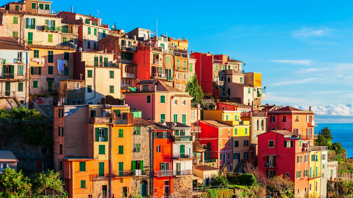 Colorful hillside houses in Cinque Terre National Park, Italy, overlooking the sea.