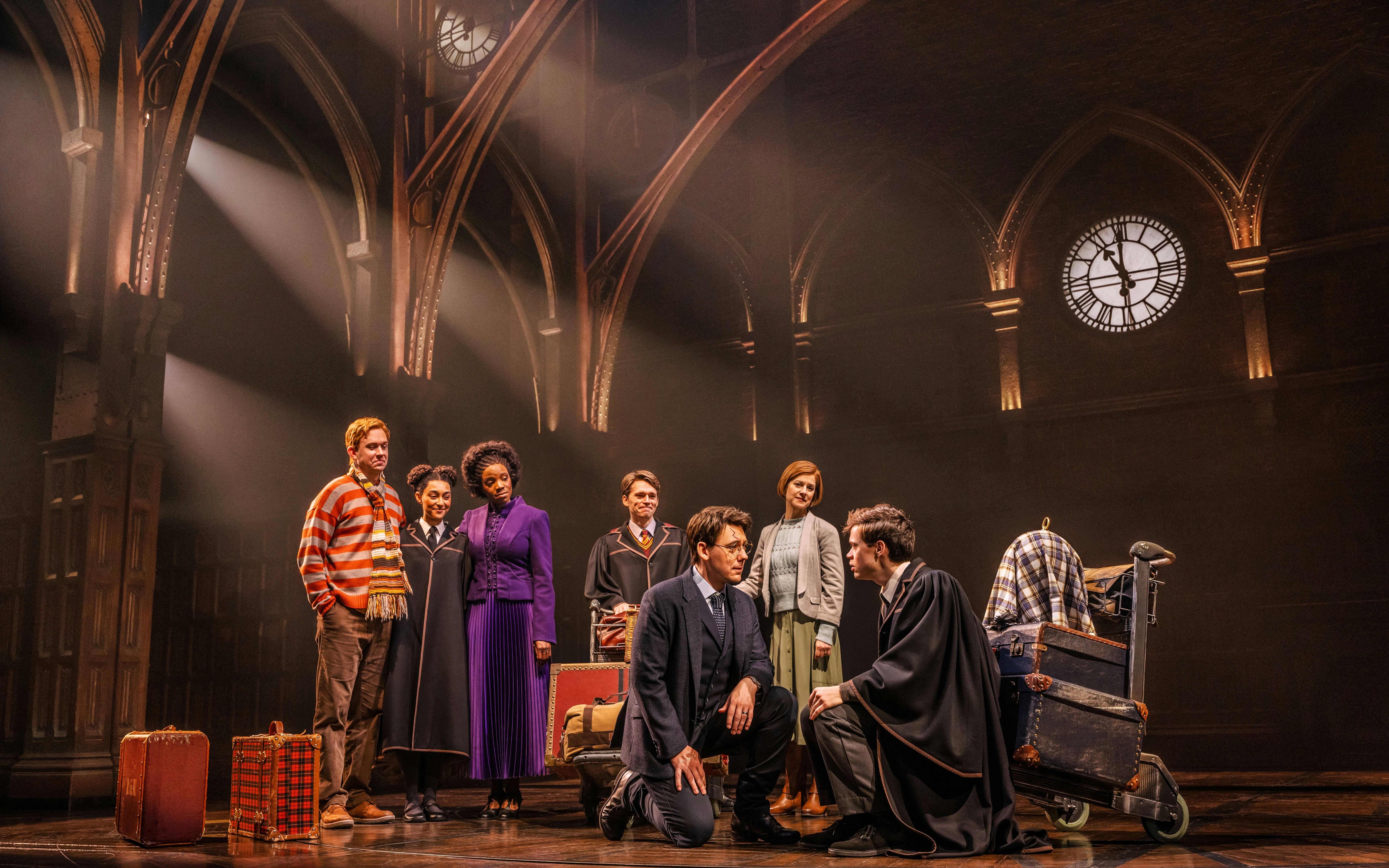 Stage scene from Harry Potter and the Cursed Child on Broadway with actors in costume.