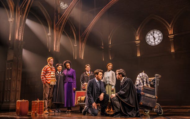 Stage scene from Harry Potter and the Cursed Child on Broadway with actors in costume.