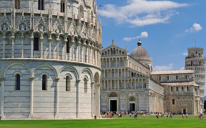 Field of Miracles with Pisa Cathedral and Leaning Tower in Pisa, Italy.