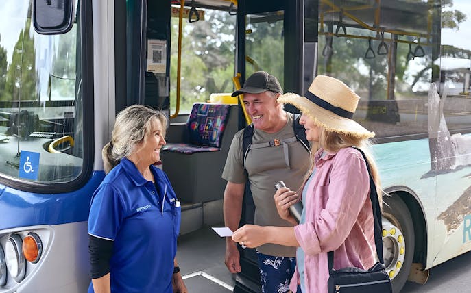 Tourists boarding a bus, assisted by a staff member, with luggage in the background.