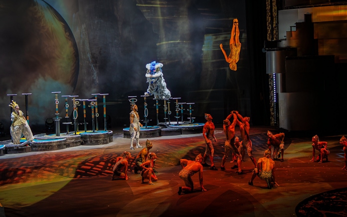 Acrobats performing a high-flying act at La Perle show in Dubai.