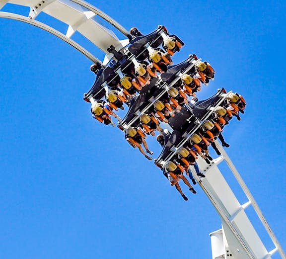 Roller coaster loop at Six Flags: Great Adventure with riders upside down.