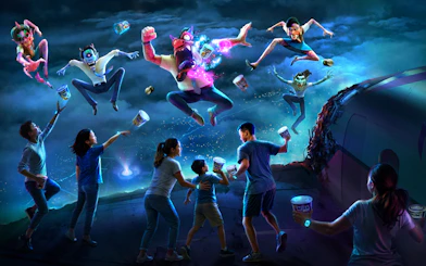 People holding ice cream tubs face animated demon characters in a dramatic scene at Netflix House Philadelphia.