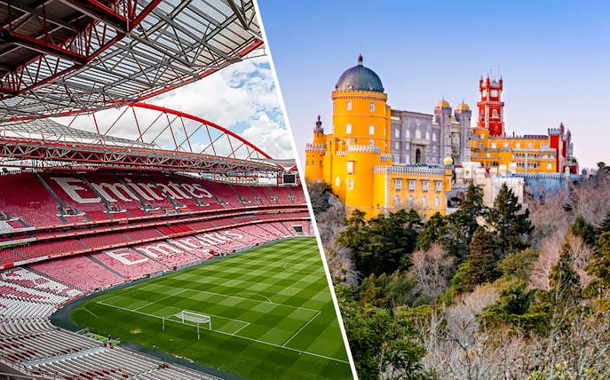 SL Benfica Stadium interior and Pena Palace exterior in Sintra, Portugal.