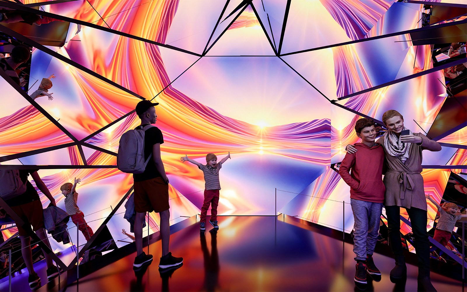 Visitors enjoying the vibrant light display at Edge Experience Moment Factory Kaleidoscope, NYC.