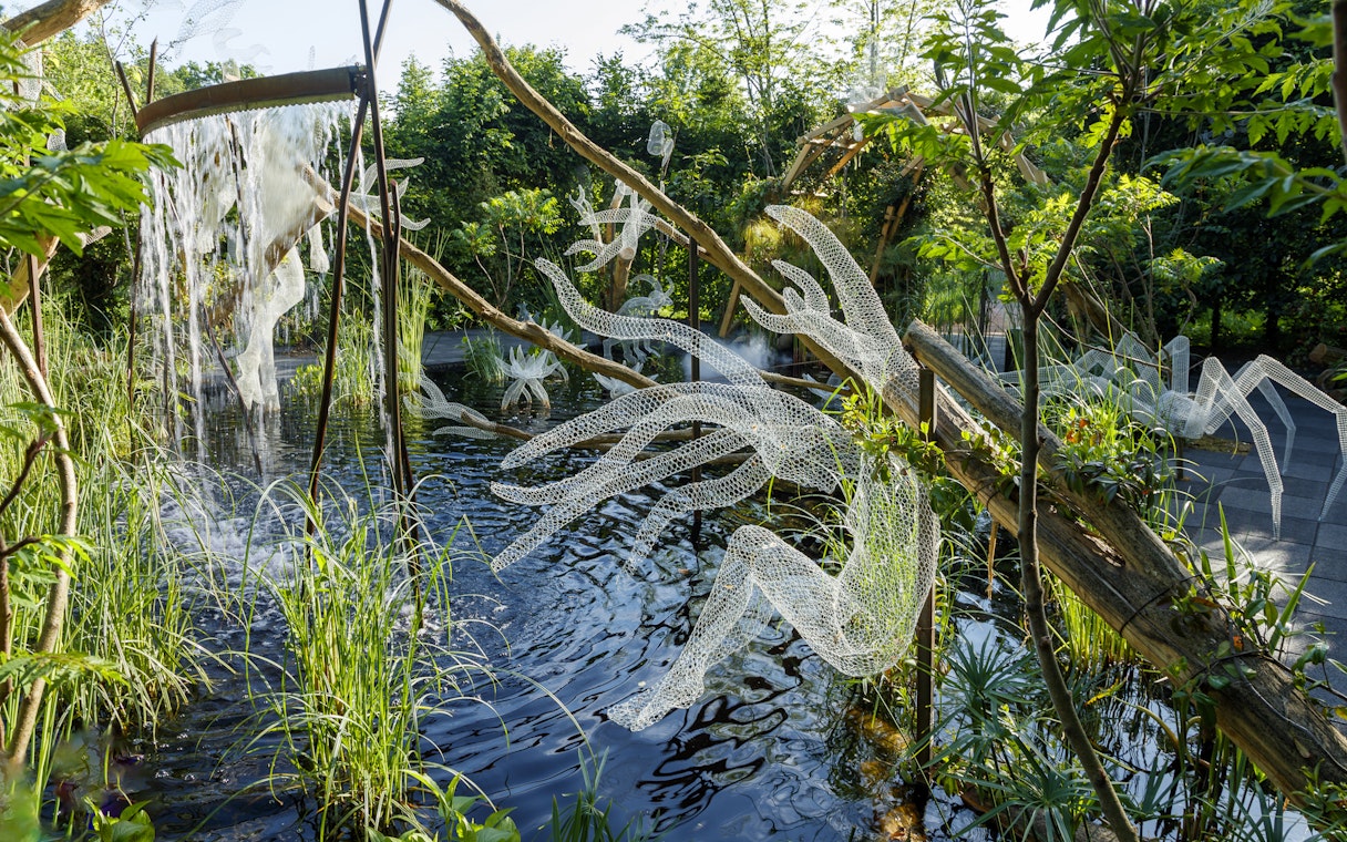 Sculptures and waterfall in Chaumont-sur-Loire Castle gardens.
