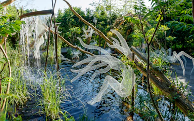 Sculptures and waterfall in Chaumont-sur-Loire Castle gardens.