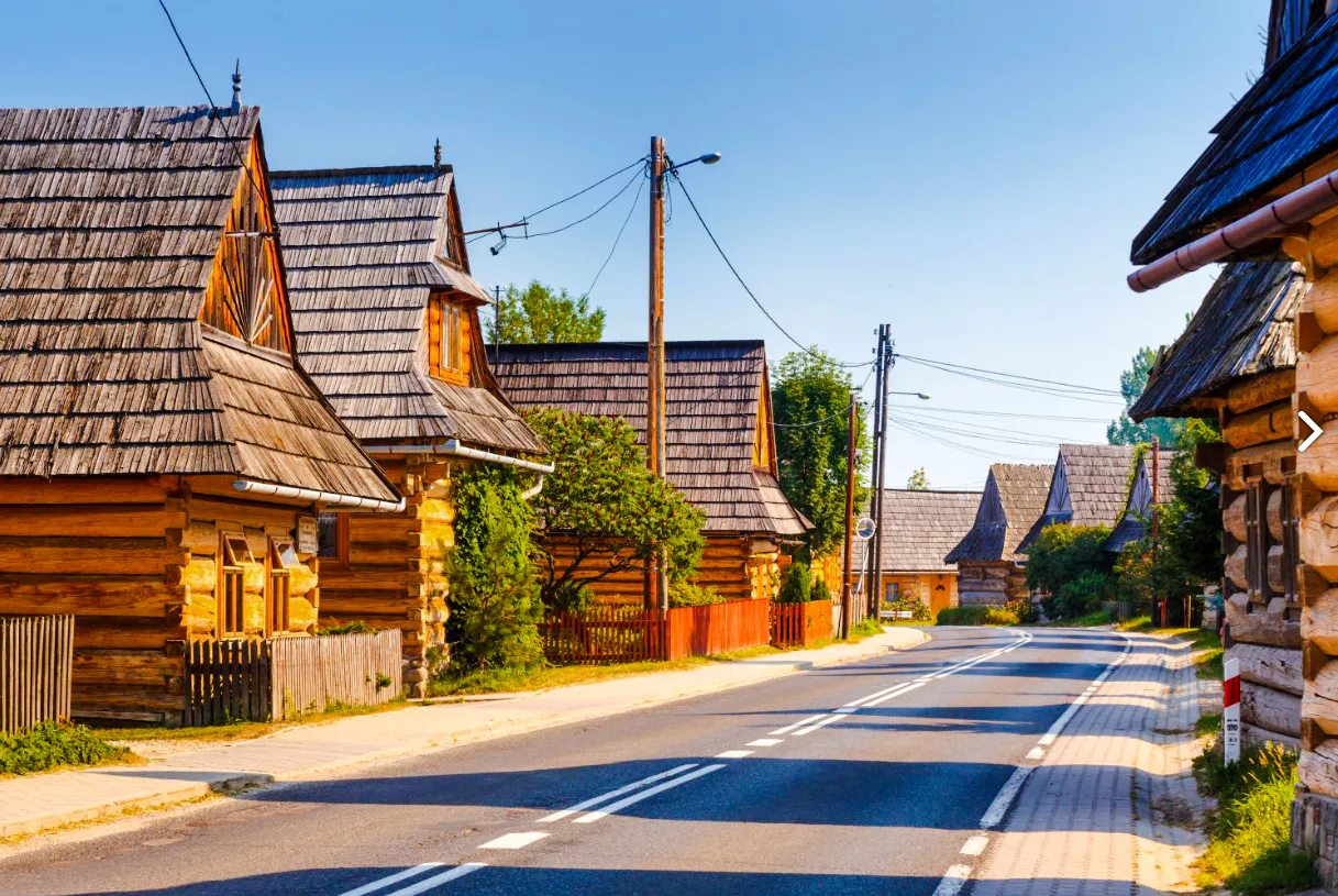 Traditional wooden houses along a road in Zakopane, Poland, seen on a private day trip from Krakow.
