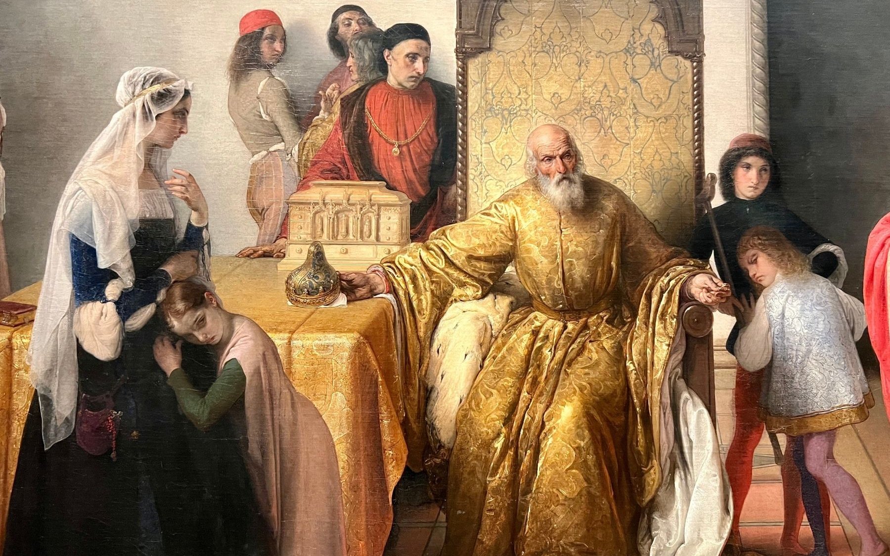 Jacopo Foscari's last meeting with family before exile, depicted in Pinacoteca di Brera painting.