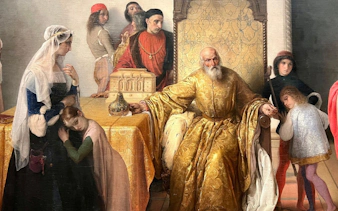 Jacopo Foscari's last meeting with family before exile, depicted in Pinacoteca di Brera painting.
