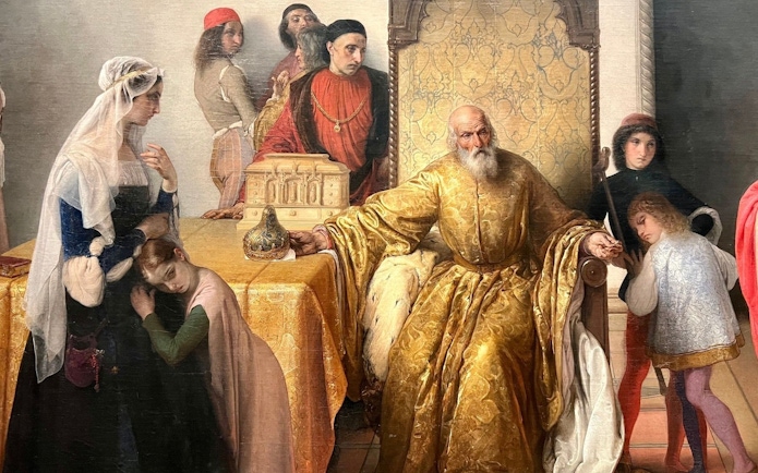 Jacopo Foscari's last meeting with family before exile, depicted in Pinacoteca di Brera painting.