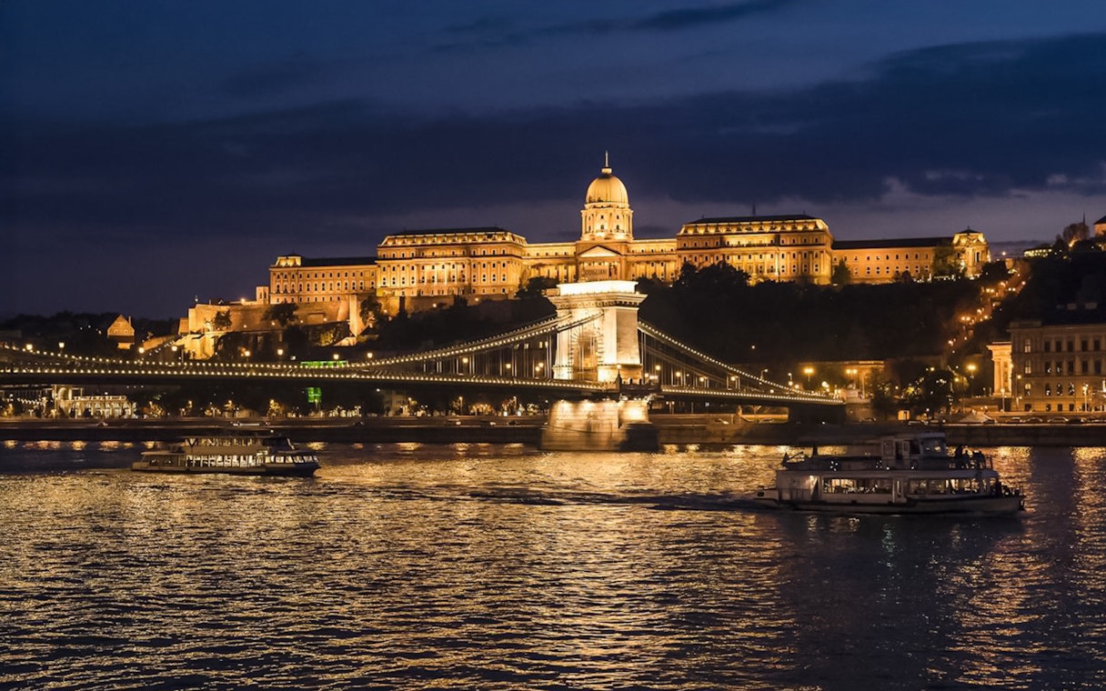 Buda Castle and Chain Bridge illuminated at night during a Danube sightseeing dinner cruise.