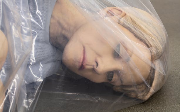 Sculpture of a woman's head wrapped in plastic at Reaching for the Stars Exhibition, Palazzo Strozzi.