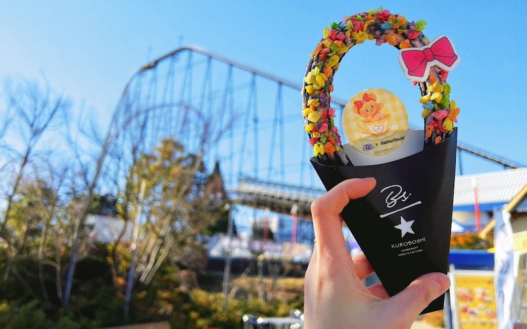 Colorful snack held in front of a roller coaster at Fuji-Q Highland Amusement Park.
