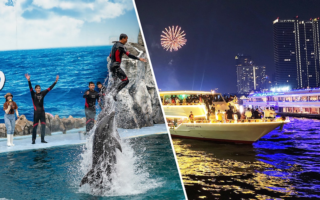 Safari World dolphin show and Chao Phraya dinner cruise in Bangkok.