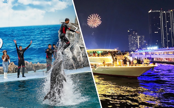 Safari World dolphin show and Chao Phraya dinner cruise in Bangkok.