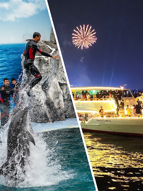 Safari World dolphin show and Chao Phraya dinner cruise in Bangkok.