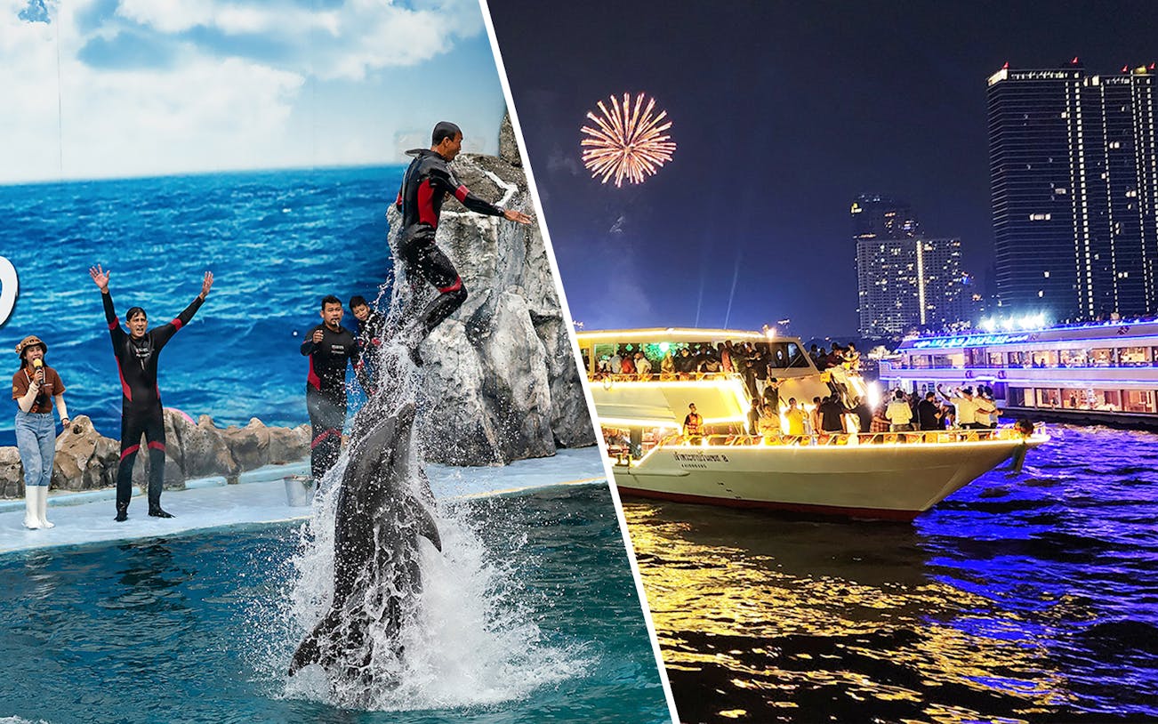 Safari World dolphin show and Chao Phraya dinner cruise in Bangkok.