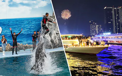 Safari World dolphin show and Chao Phraya dinner cruise in Bangkok.