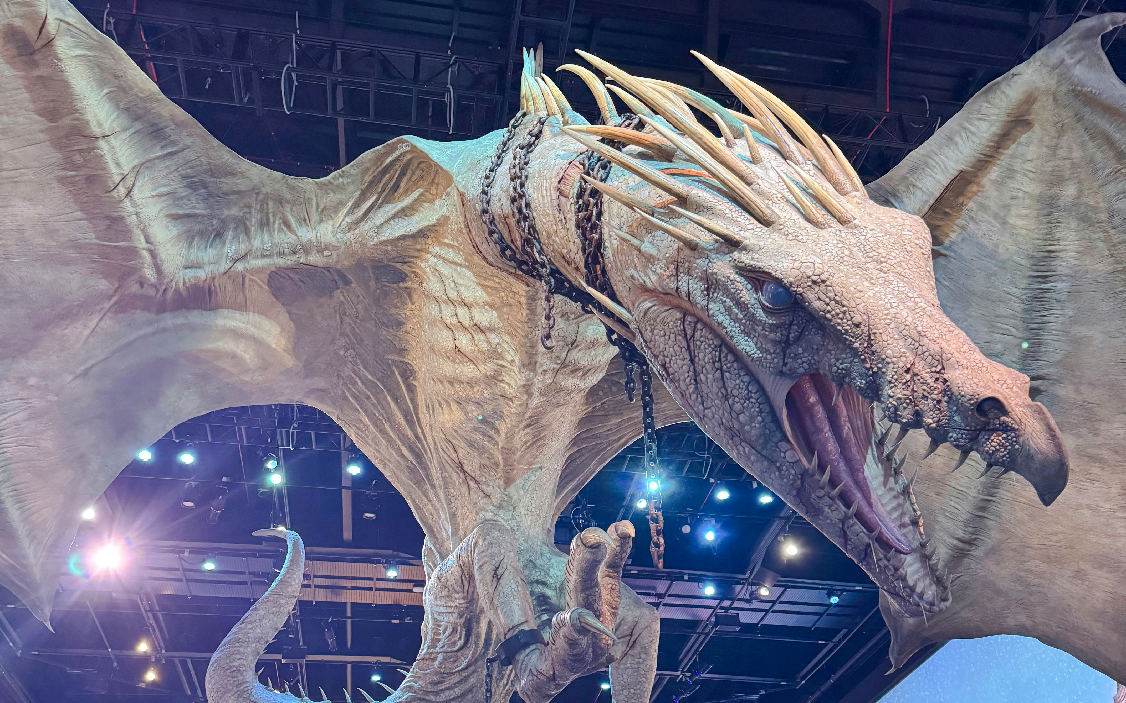 Gringotts dragon model from Harry Potter exhibit with chains and open mouth.