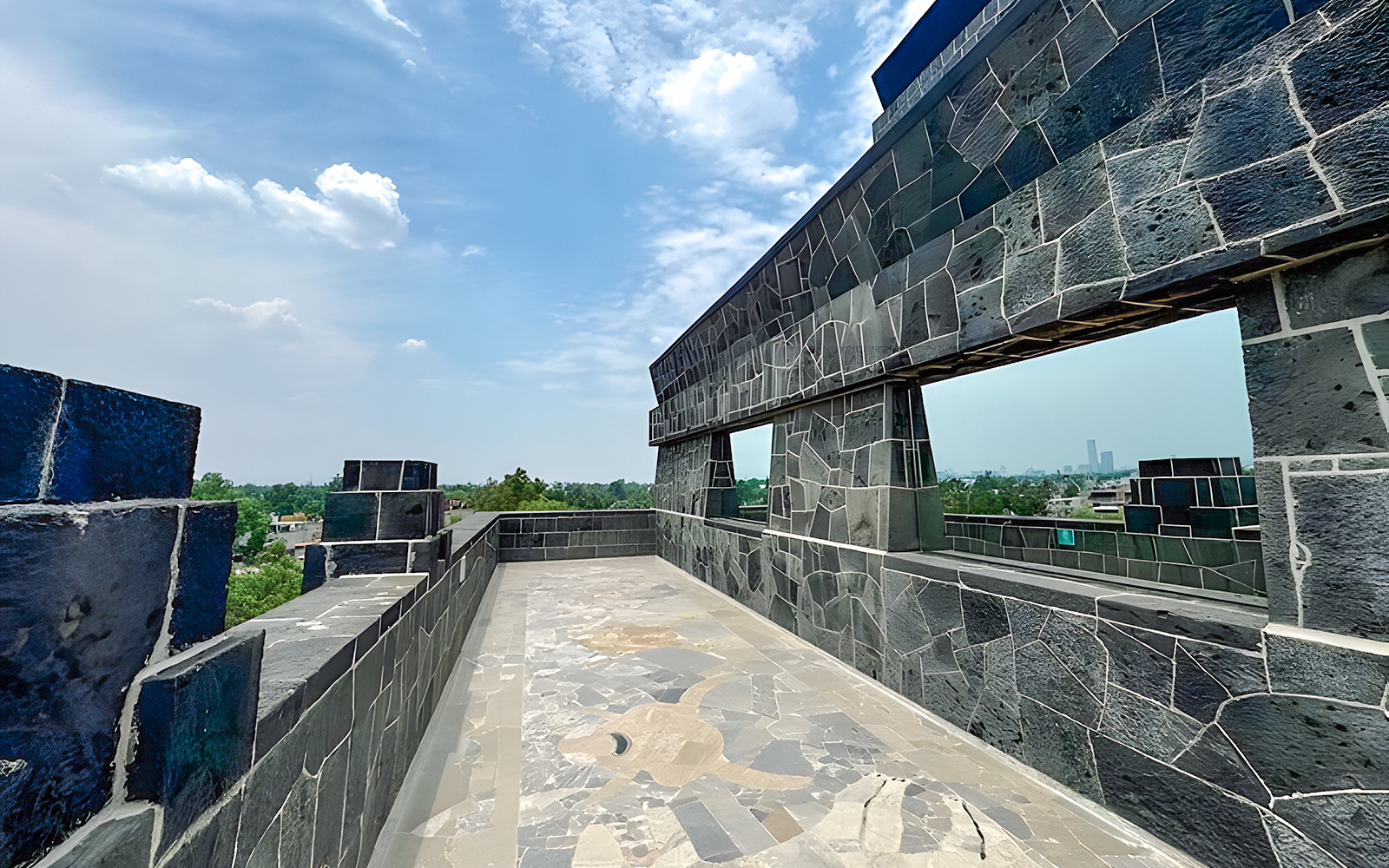 Anahuacalli Museum stone terrace with city view in Mexico City.