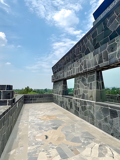 Anahuacalli Museum stone terrace with city view in Mexico City.