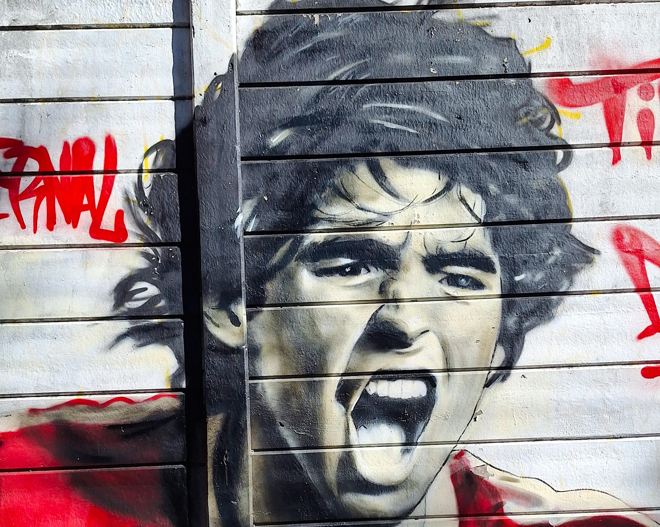 Mural of a passionate soccer player on a wall in La Paternal, Buenos Aires.