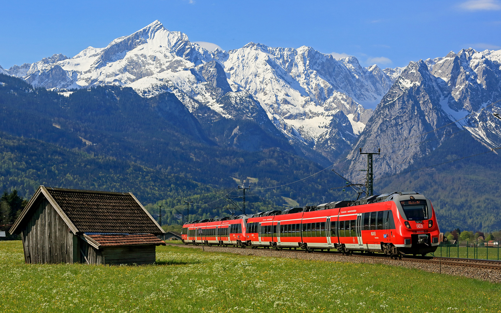 Train traveling through the Alps