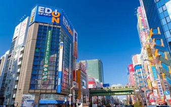 Akihabara district in Tokyo with colorful buildings and overhead train.