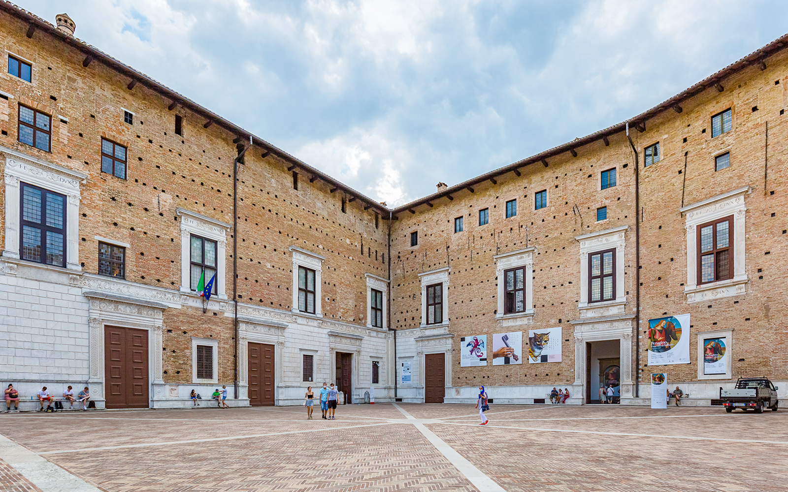Renaissance courtyard at National Gallery of Marche inside Ducal Palace, Italy.