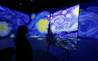Visitor viewing Van Gogh's Starry Night at immersive exhibit in Zurich.