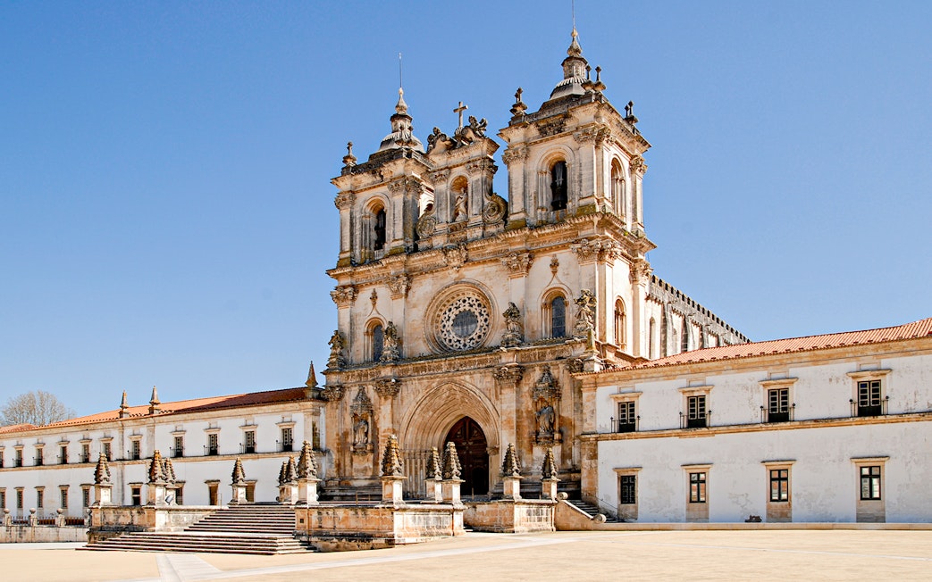 Facade of Alcobaça Monastery with twin bell towers, Lisbon.