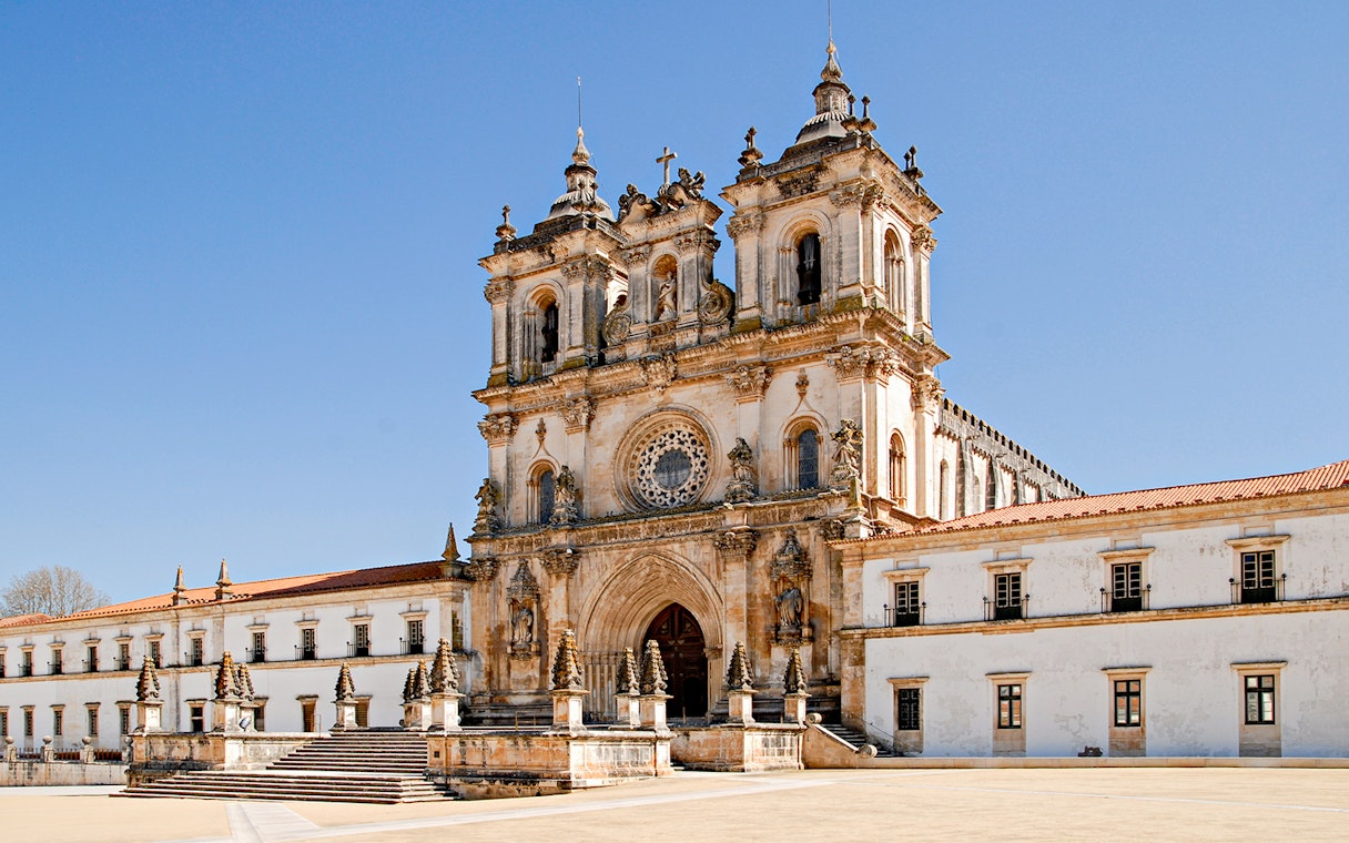 Facade of Alcobaça Monastery with twin bell towers, Lisbon.
