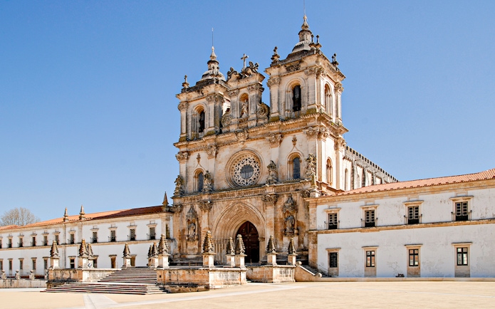 Facade of Alcobaça Monastery with twin bell towers, Lisbon.